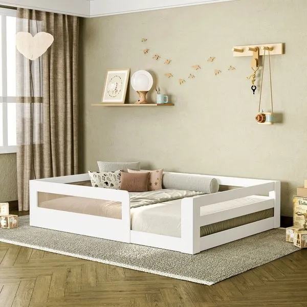 Cama Montessoriana Infantil Space Casal com Rattan e Grade de Segurança Casatema Branco