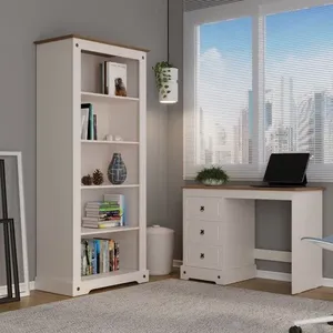 Conjunto 2 Peças com Escrivaninha com Tampo em Madeira Maciça e Estante Alta 182x81cm Smile Creme Carvalho Creme/Carvalho