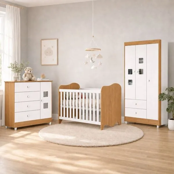Quarto de Bebê Completo Berço 100% MDF com Guarda-Roupa 3 Portas Nuvem Branco Amadeirado