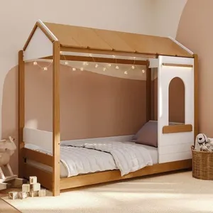 Cama Casinha Montessoriano Reversível com Janela de Led Aria Casatema Nogueira/Branco