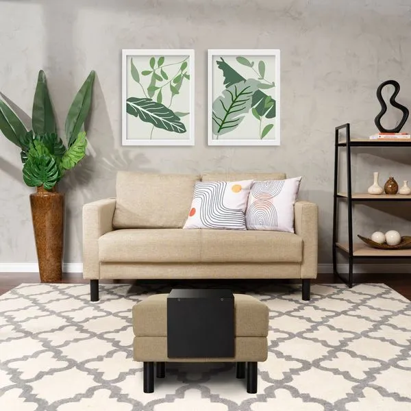 Conjunto Sofá 2 Lugares com Puff Baú 60cm e Bandeja Antúrio CabeCasa MadeiraOriginals Bege Bege
