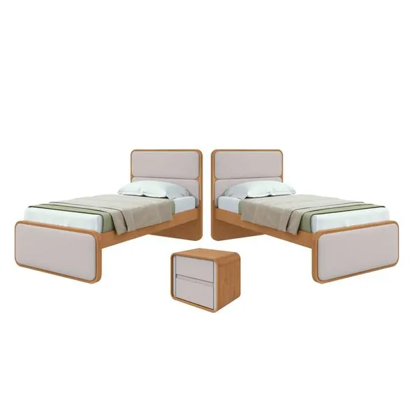 Quarto Infantil com 2 Camas Solteiro Loop Tecido Corano e Mesa de Cabeceira 2 Gavetas Loop Amêndoa Clean/Off White