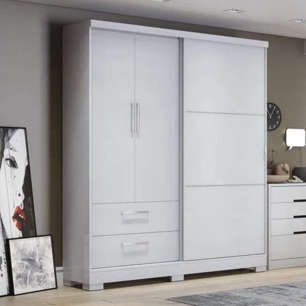 Guarda-roupa Solteiro Funcional 3 Portas 2 Gavetas com Pés Branco