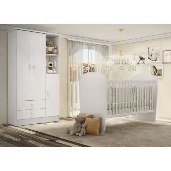 Quarto de Bebê Completo Guarda Roupa 3 Portas 2 Gavetas com Berço Arco-Íris Branco