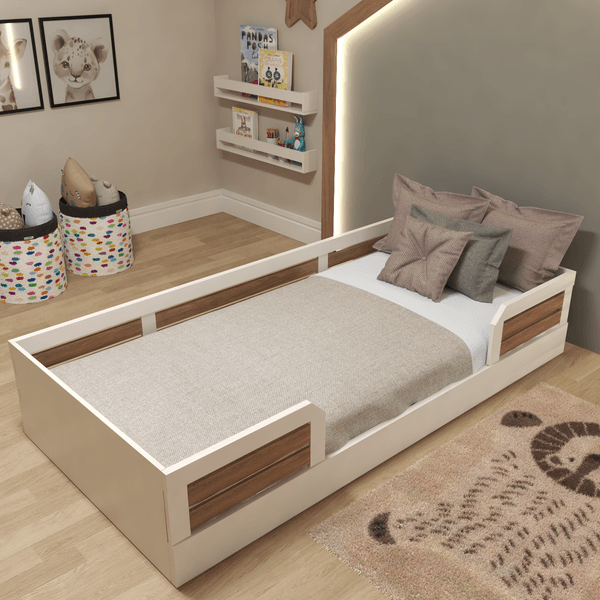 Cama Infantil Montessoriana Solteiro Lua Branco/Carvalho Mel