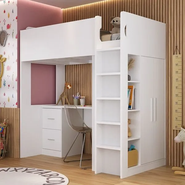 Cama Alta Infantil/Juvenil com Escrivaninha, Armário e Nichos Branco