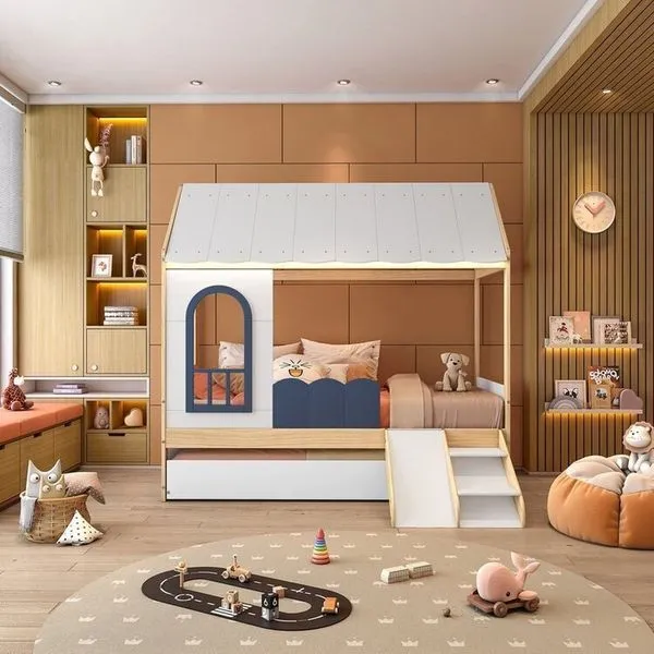 Bicama Infantil Casinha com Led, Janela e Escadinha New Garden Casatema Branco/Azul