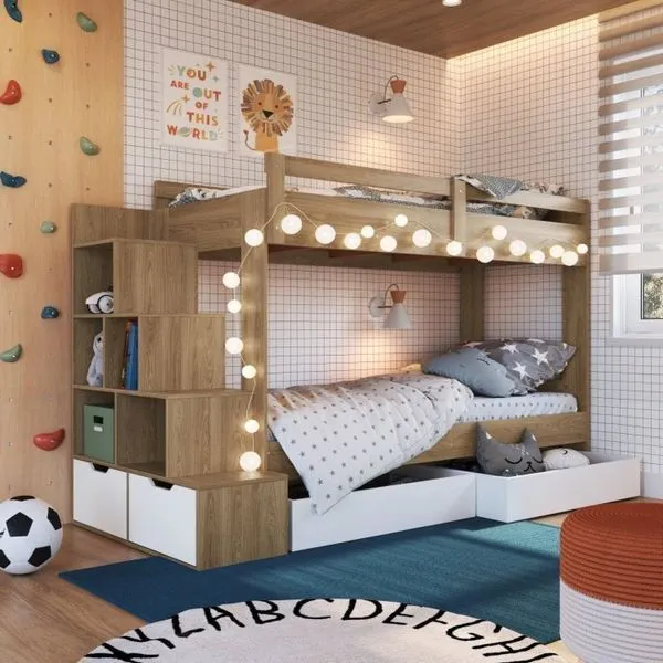 Beliche Infantil com Escada Nichos 2 Gavetões 2 Colchões Aveiro Oak/Branco