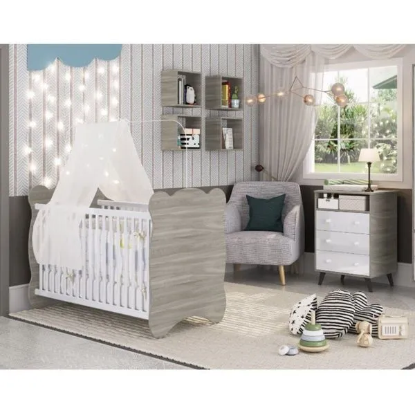 Quarto de Bebê Completo com 1 Berço e 1 Comoda Pipoca Fresno/Branco