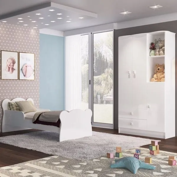 Quarto Infantil 4 Peças com Cama Roupeiro Cômoda e Nicho Docinho Branco