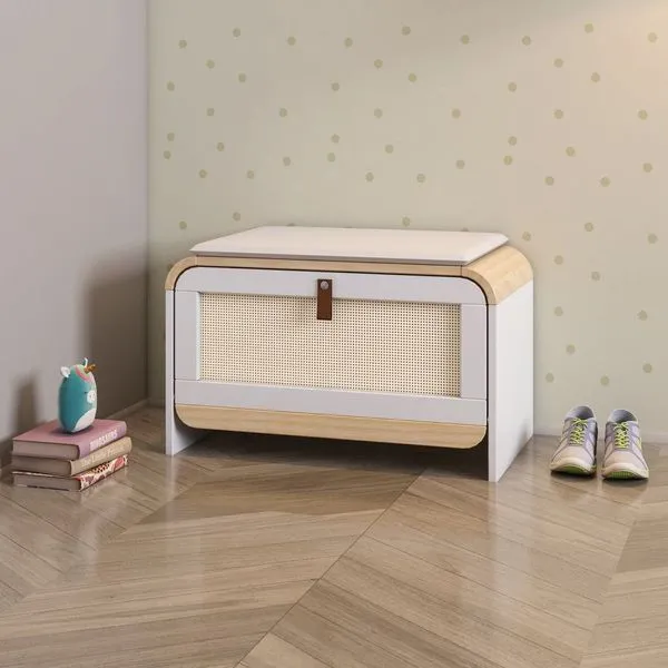 Sapateira Infantil 1 Porta com Assento Estofado Wave Casatema Branco/Natural
