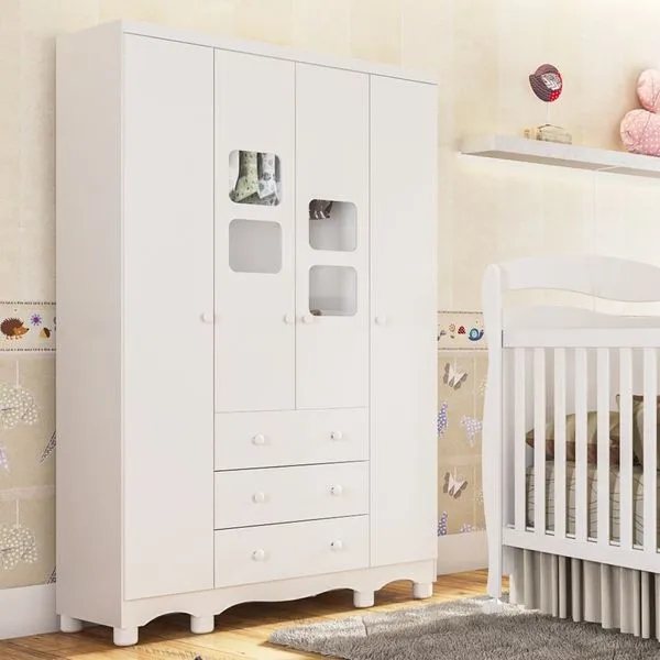 Guarda-Roupa Infantil 122cm 4 Portas 3 Gavetas com Janelas e Pés Mimo 100% MDF Espresso Móveis Branco Brilho