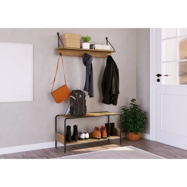 Conjunto Prateleira Decorativa e Sapateira Banco Multiuso Industrial Vermont/Preto