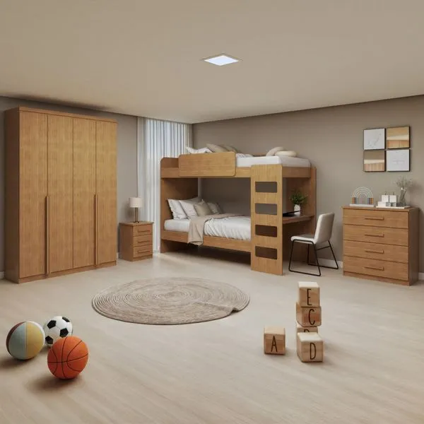 Quarto Infantil com Beliche Olga Cômoda e Criado Baião e Guarda-roupa Alonzo Amêndoa Clean