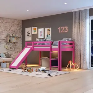 Cama Alta Infantil com Escorregador em Madeira Maciça/MDF Rosa