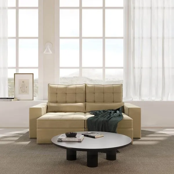 Sofá Retrátil e Reclinável 3 Lugares 210cm Embaúba Extra CabeCasa MadeiraOriginals Bege Palha Diamante Palha Diamante