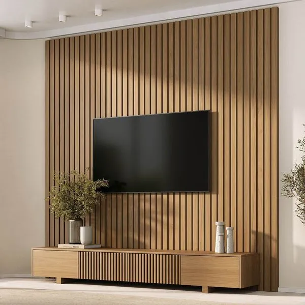 Rack com Painel Ripado para TV até 86 Polegadas 240cmx250cm Aruá CabeCasa MadeiraOriginals Marrom Jatobá Jatoba