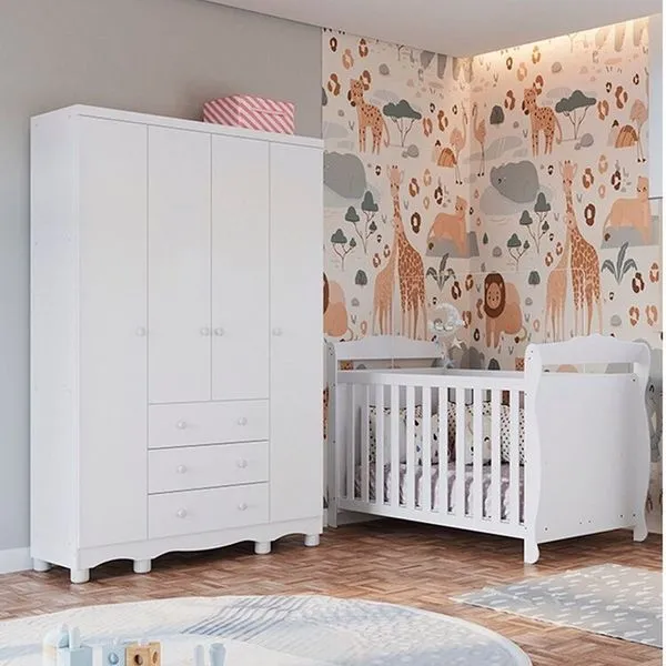 Quarto de Bebê com Guarda-Roupa 4 Portas e Berço Minicama 100% MDF Nina Espresso Móveis Branco/Brilho Branco Brilho
