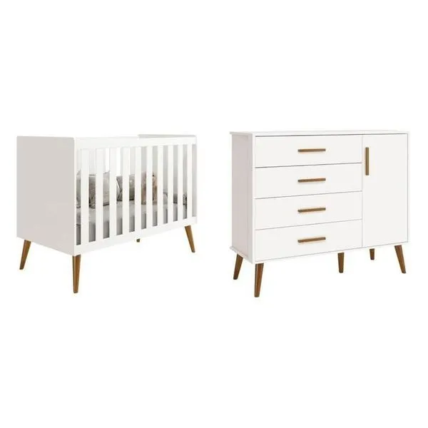 Quarto de bebê Completo com Cômoda sapateira 4 Gavetas 1 porta e Berço Isis Branco