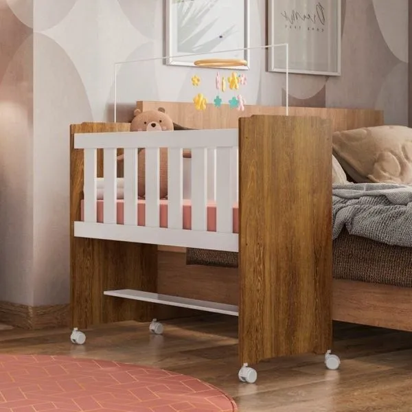 Mini Berço 100% MDF com Colchão Léo Yescasa Ipê/Branco