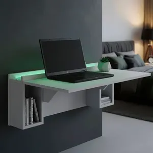 Escrivaninha Mesa Dobrável com Nichos e Led Verde Neon 78,5cm Branco Branco