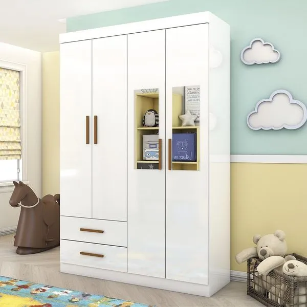 Guarda-roupa 4 Portas 2 Gavetas com Espelho Infantil Perola Branco-Branco