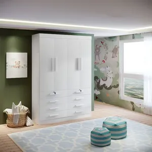Guarda-roupa Infantil 4 Portas Frente Mdf Puxador de Madeira Aquarela Branco