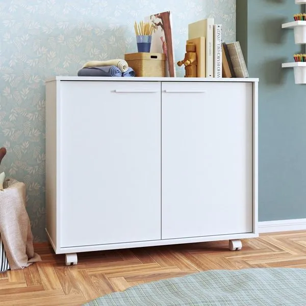 Balcão Infantil 2 Portas 1 Prateleiras 4 Pés Rodízio Casatema Branco