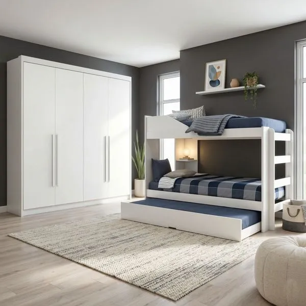 Conjunto Treliche Solteiro Indy e Guarda Roupa Casal 4 Portas 4 Gavetas Bergamo Branco