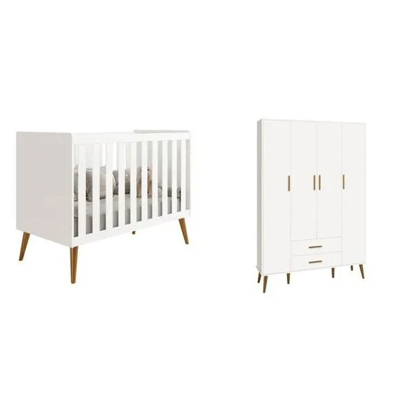 Quarto de Bebê Completo com Guarda Roupa 4 Portas 2 Gavetas e Berço Isis Branco