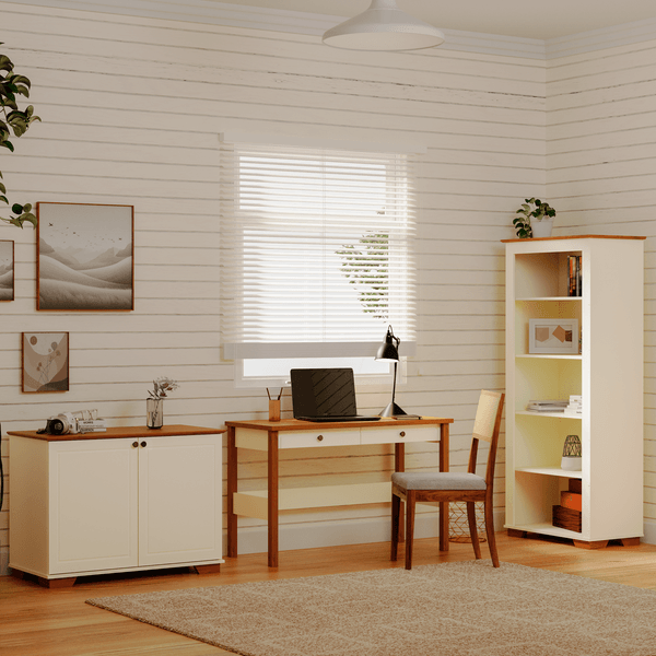 Conjunto Home Office 1 Mesa 120cm 2 Gavetas 1 Estante 1 Armário 2 Portas Ananda CabeCasa MadeiraOriginals Off White Mel Off White/Mel