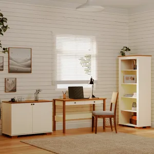 Conjunto Home Office 1 Mesa 120cm 2 Gavetas 1 Estante 1 Armário 2 Portas Ananda CabeCasa MadeiraOriginals Off White Mel Off White/Mel