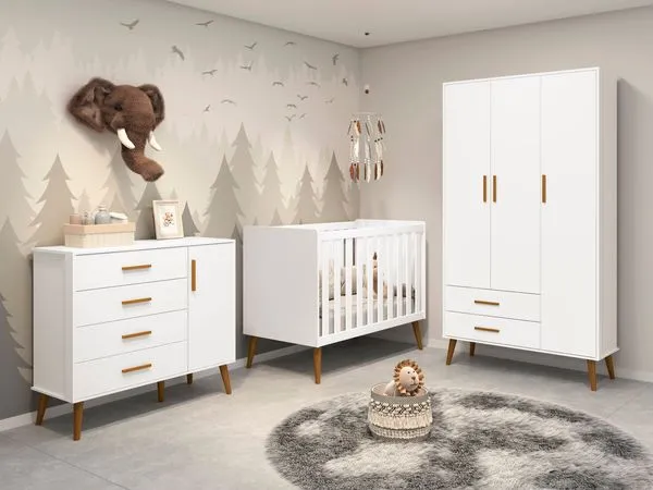 Quarto de Bebê Completo com Guarda Roupa 3 Portas 2 Gavetas, Cômoda 4 Gavetas e Berço Isis Branco