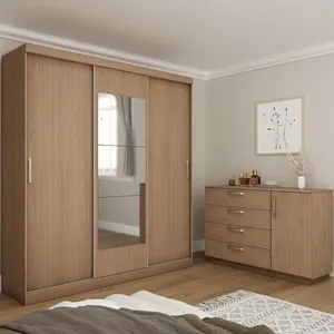 Kit Guarda Roupas 3 Portas e Cômoda Araçá CabeCasa MadeiraOriginals Nogueira