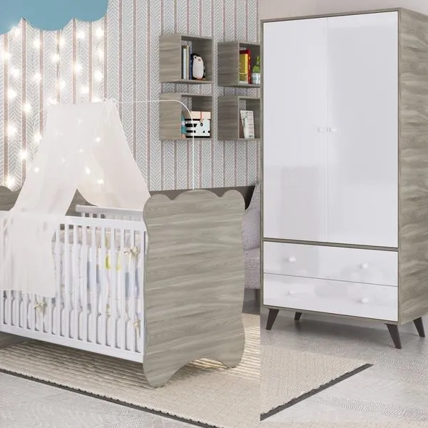 Quarto de Bebê Completo Berço com Guarda roupa 2 Portas 2 Gavetas Pipoca Fresno/Branco