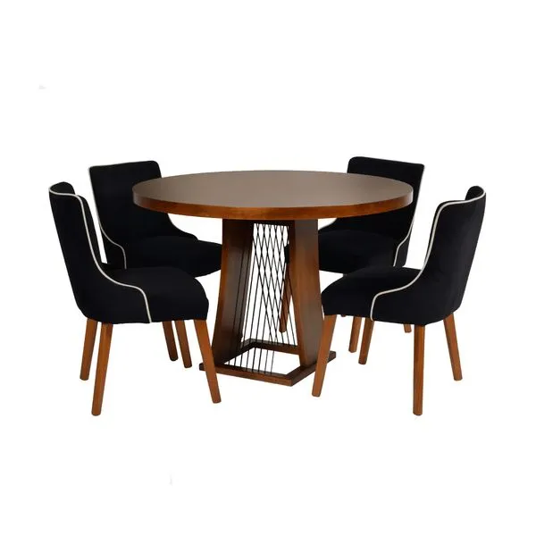 Conjunto com Mesa de Jantar e 4 Cadeiras Lizzi - Castanho/Preto
