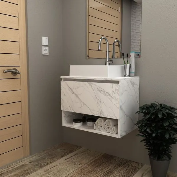 Balcão Gabinete Suspenso para Banheiro 60cm com 1 Porta e Nicho BN3606 Mármore Branco