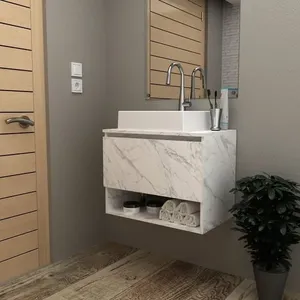 Balcão Gabinete Suspenso para Banheiro 60cm com 1 Porta e Nicho BN3606 Mármore Branco