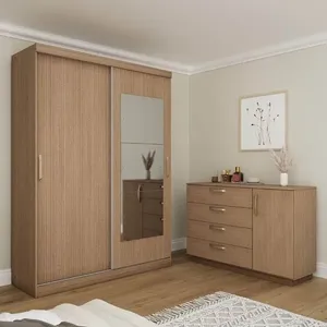 Kit Guarda Roupas 2 Portas e Cômoda Araçá CabeCasa MadeiraOriginals Nogueira