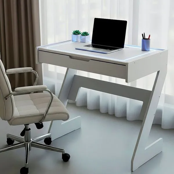 Escrivaninha para Escritório com Luz Azul Neon 1 Gaveta 73cm Branco Branco