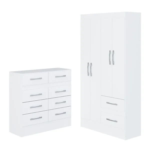 Quarto Infantil com Cômoda 8 Gavetas e Guarda-roupa 4 Portas e 2 Gavetas Ninho Branco