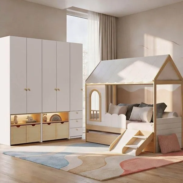 Guarda-roupa Modulado Wave e Bicama Casinha com Mini Escorrega New Garden Casatema Branco/Natural