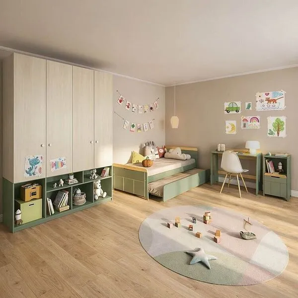 Quarto Completo Guardar-roupa Curió, Bicama, Escrivaninha e Estante Petit Casatema Verde/Mel
