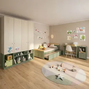 Quarto Completo Guardar-roupa Curió, Bicama, Escrivaninha e Estante Petit Casatema Verde/Mel