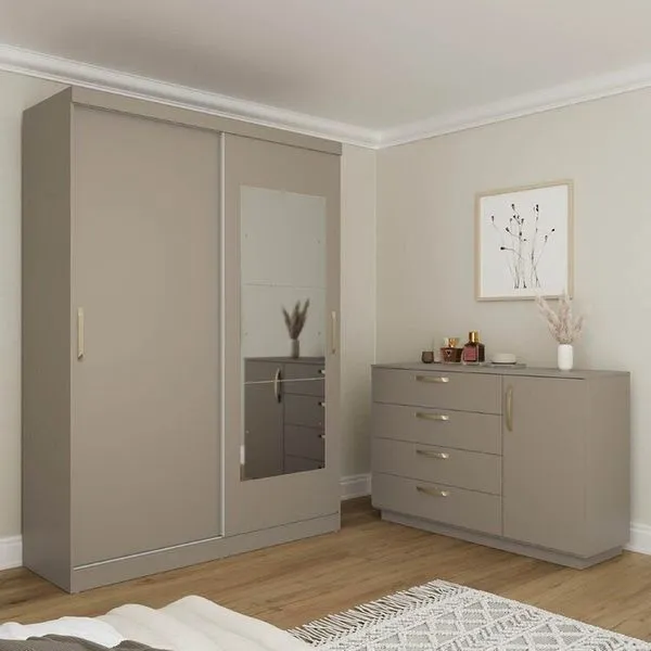Kit Guarda Roupas 2 Portas e Cômoda Araçá CabeCasa MadeiraOriginals Fendi