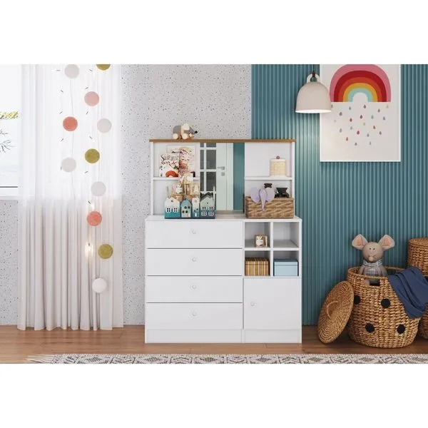 Cômoda com Espelho 4 Gavetas 1 Porta House Branco