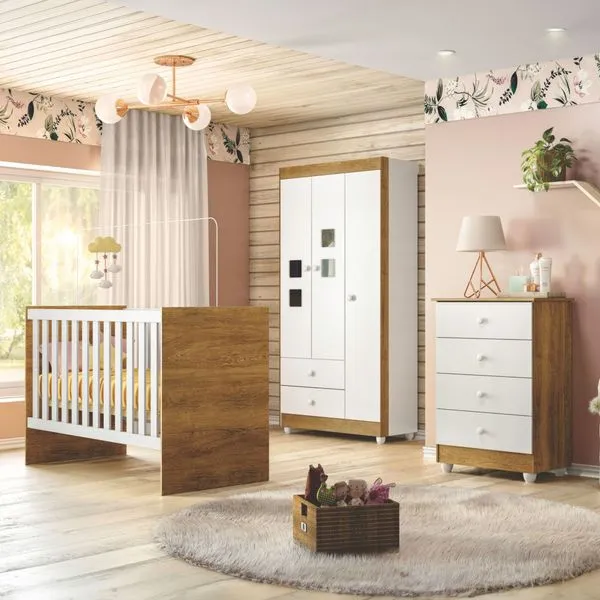 Quarto de Bebê Completo 100% MDF com Guarda Roupa 3 Portas, Cômoda e Berço Life Espresso Móveis Branco/Ypê
