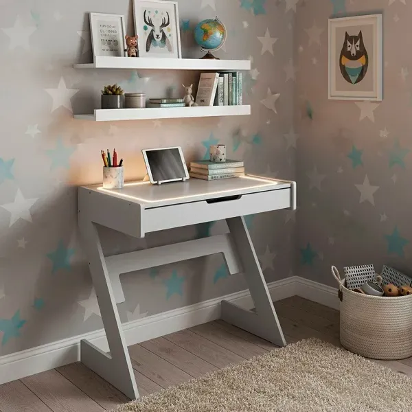 Conjunto Escrivaninha com Luz Neon - Quente com Aba 1 Gaveta 2 Prateleiras 73cm Branco Branco