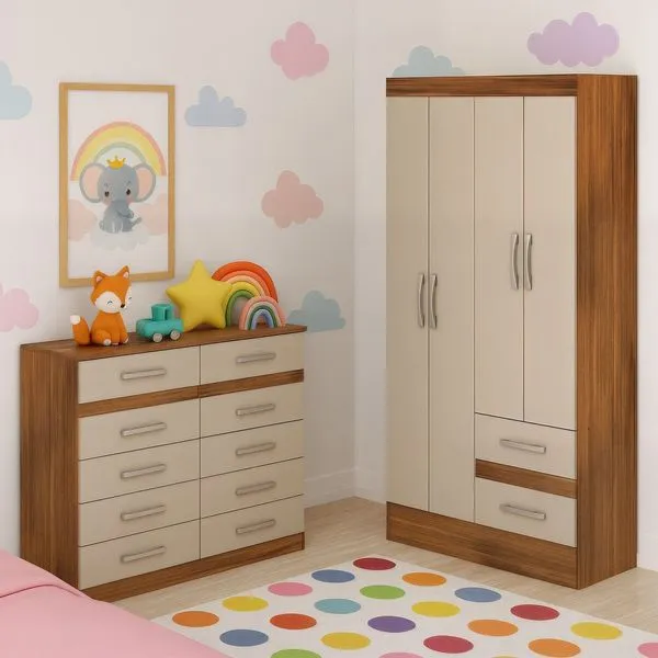 Quarto Infantil com Cômoda 10 Gavetas e Guarda-Roupa 4 Portas e 2 Gavetas Ninho Castanho/Off White