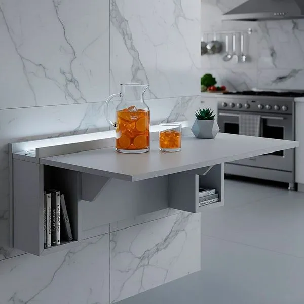 Escrivaninha Mesa Dobrável com Nichos e Led Frio Neon 78,5cm Branco Branco